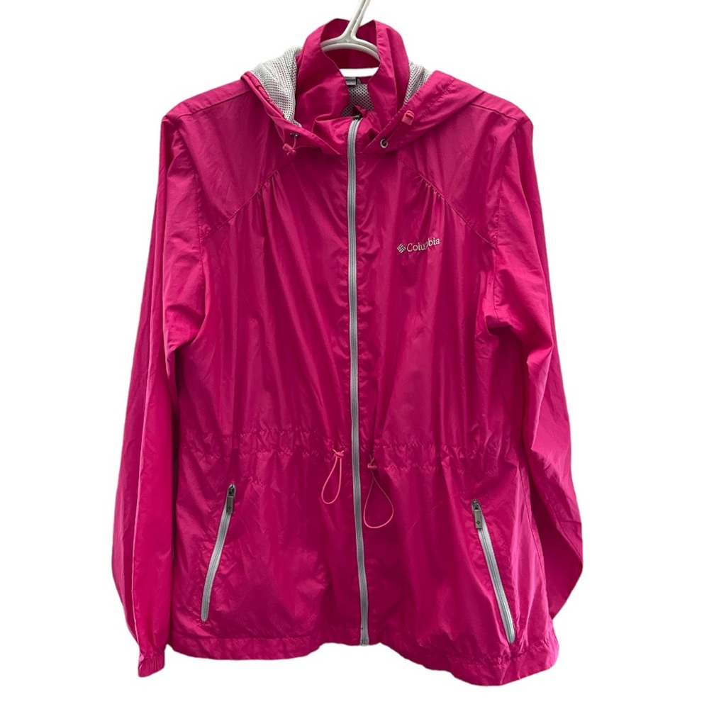 🥑5/$25 Columbia Windbreaker Jacket Large Pink Hooded Full Zip Mesh Lined L